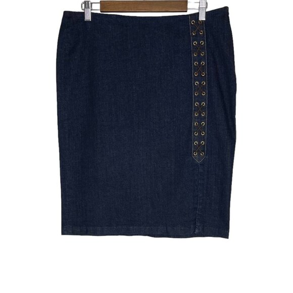 Lauren Ralph Lauren‎ NWT Women's Blue Lace Up Denim Pencil Skirt Size 12 - Picture 1 of 11